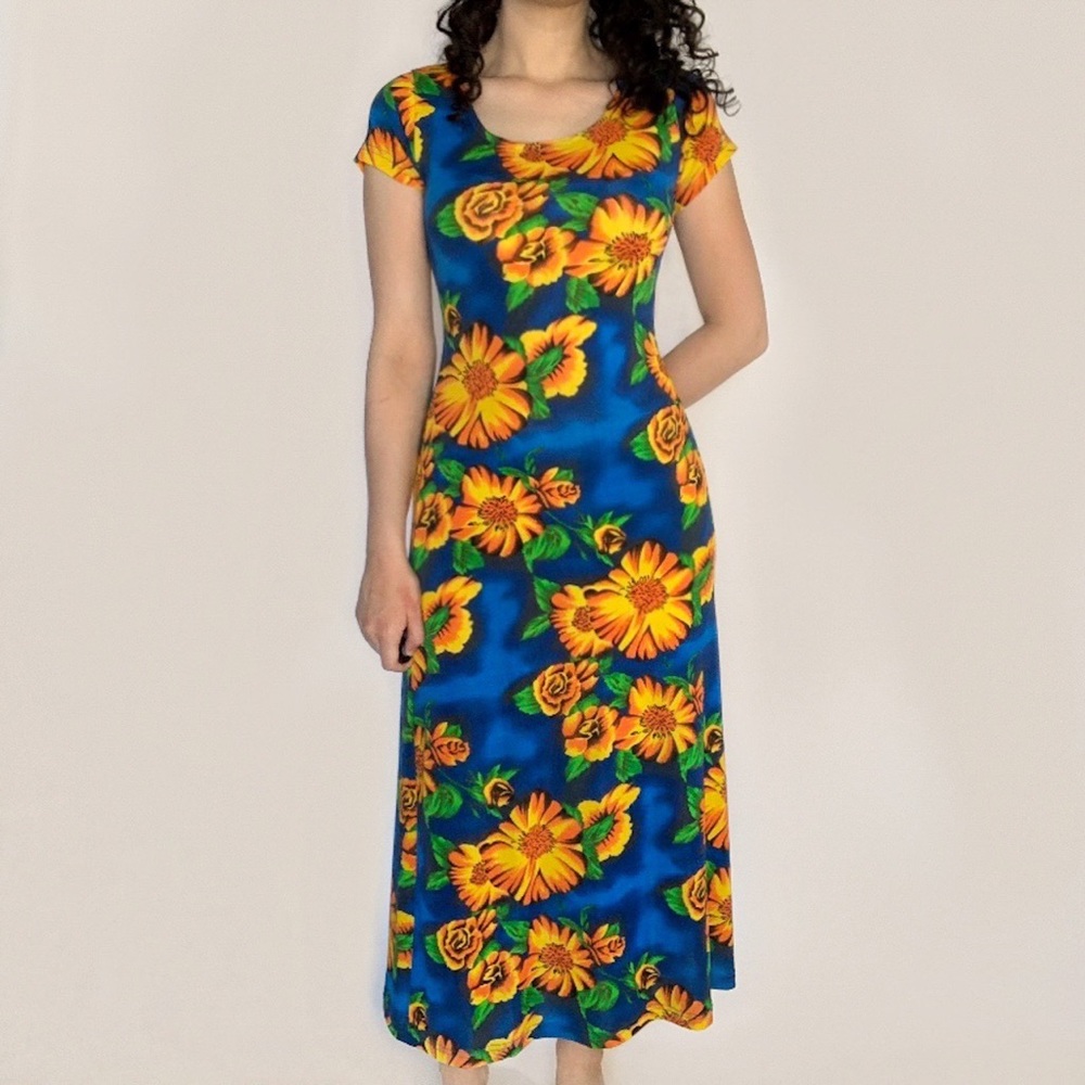Blue & Orange Large Bodycon Maxi Floral Dress
